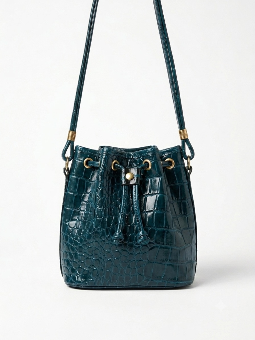 Vintage Teal Croc-Embossed Leather Bucket Bag Mini Crossbody